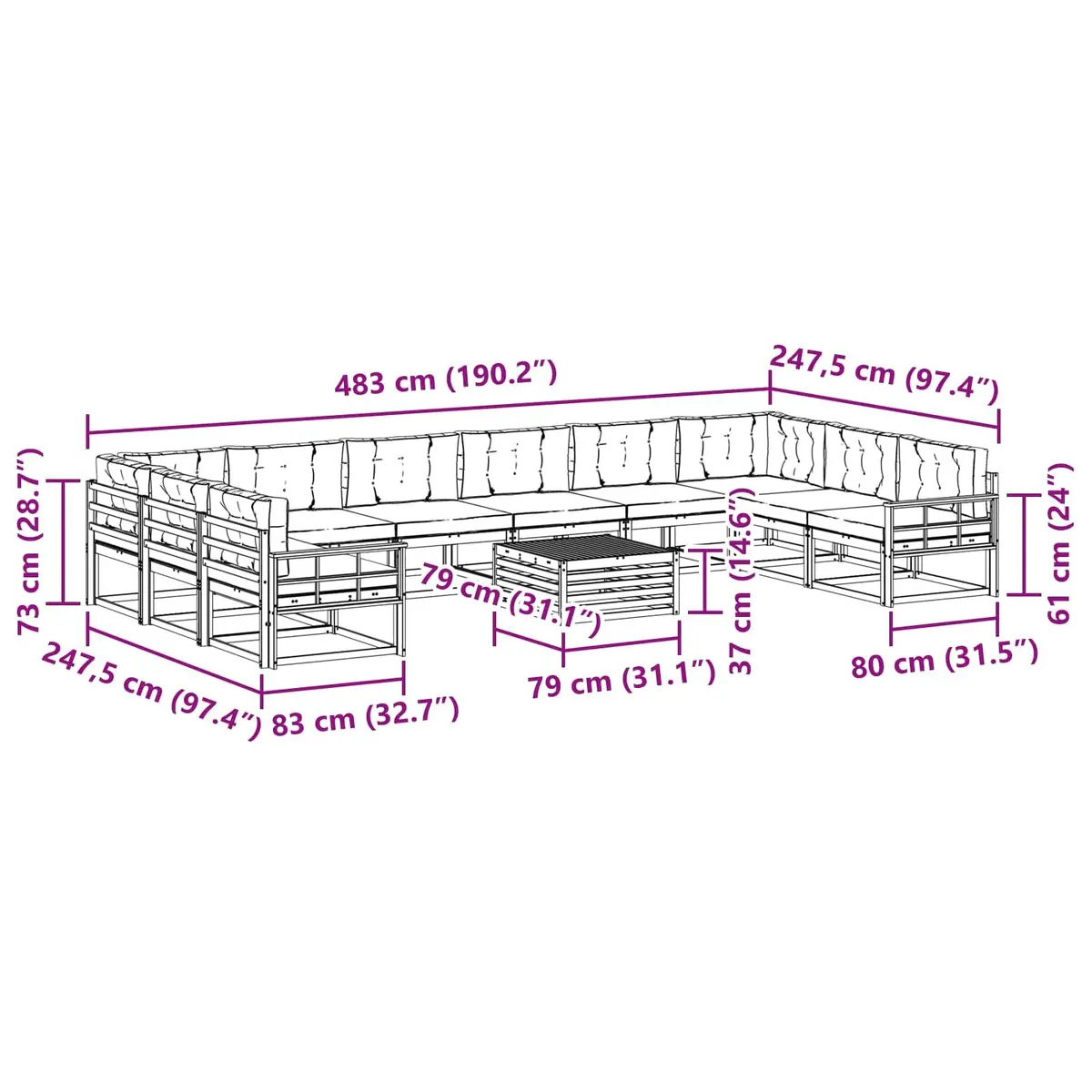 Outdoor Sectional Sofa Set 11 pcs Modern Garden Patio Furniture with Cushions