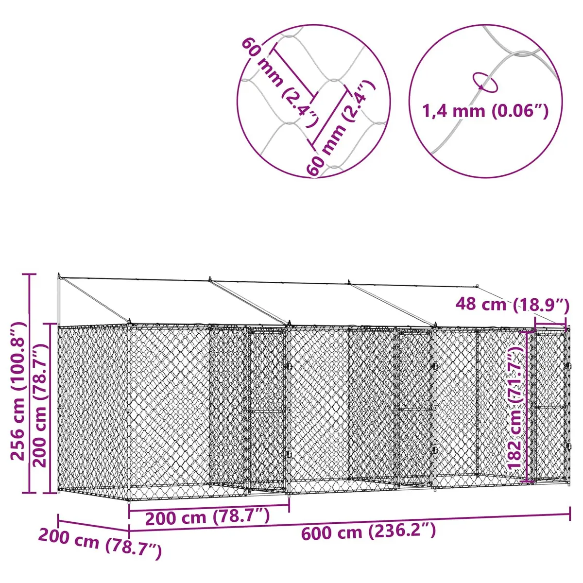 Dog Kennel Large Spacious Outdoor Cage with Roof Silver Steel Wire Mesh