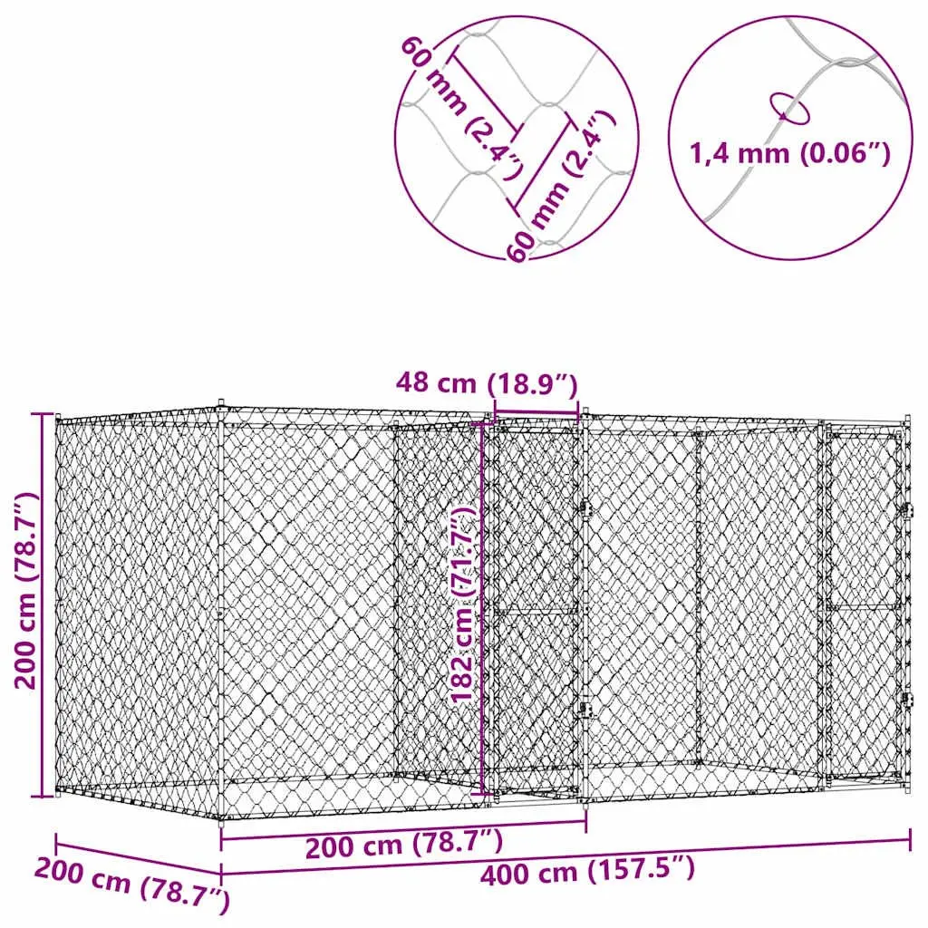 Dog Cage Lockable Door 400x200x200cm Silver Galvanised Steel Outdoor Large Breed Run Pen