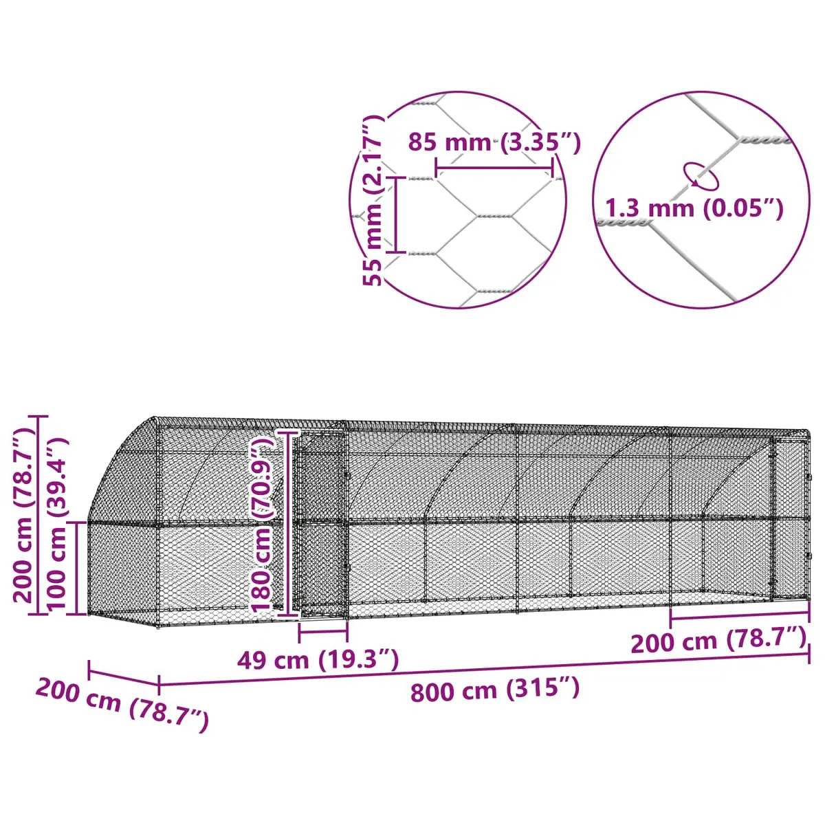 Dog Kennel 8 x 2 x 2 m Galvanised Steel Outdoor Pet Enclosure Lockable Mesh Roof