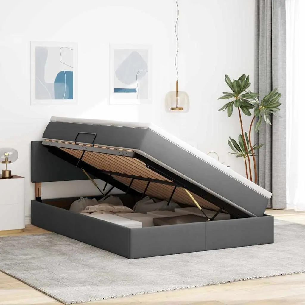 LED Storage Bed with Mattress Dark Grey 152 x 203 cm Gas Lift Frame