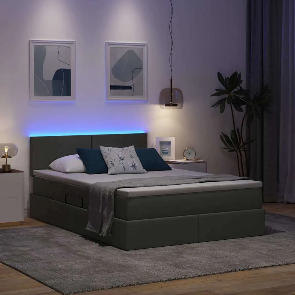 LED Storage Bed with Mattress Dark Grey 152 x 203 cm Gas Lift Frame