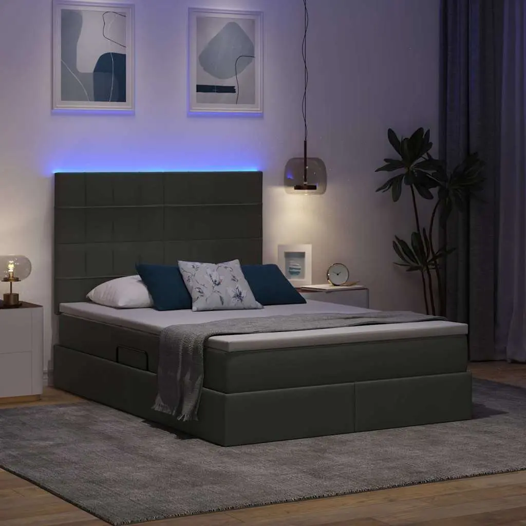 Upholstered LED Storage Bed Dark Grey 152 x 203 cm with Adjustable Headboard and Gas Lift Storage