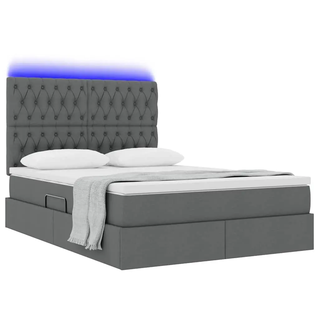 LED Storage Bed with Mattress Dark Grey 152x203cm Padded Headboard