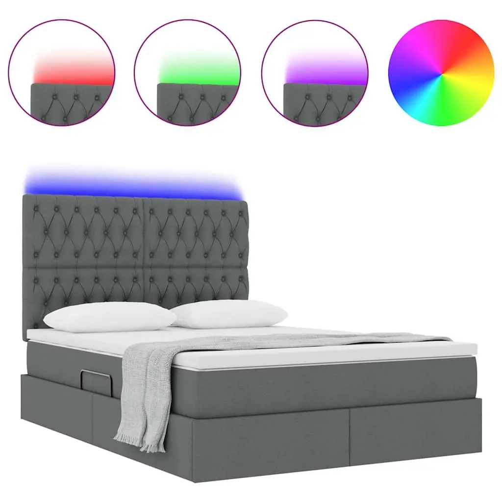 LED Storage Bed with Mattress Dark Grey 152x203cm Padded Headboard