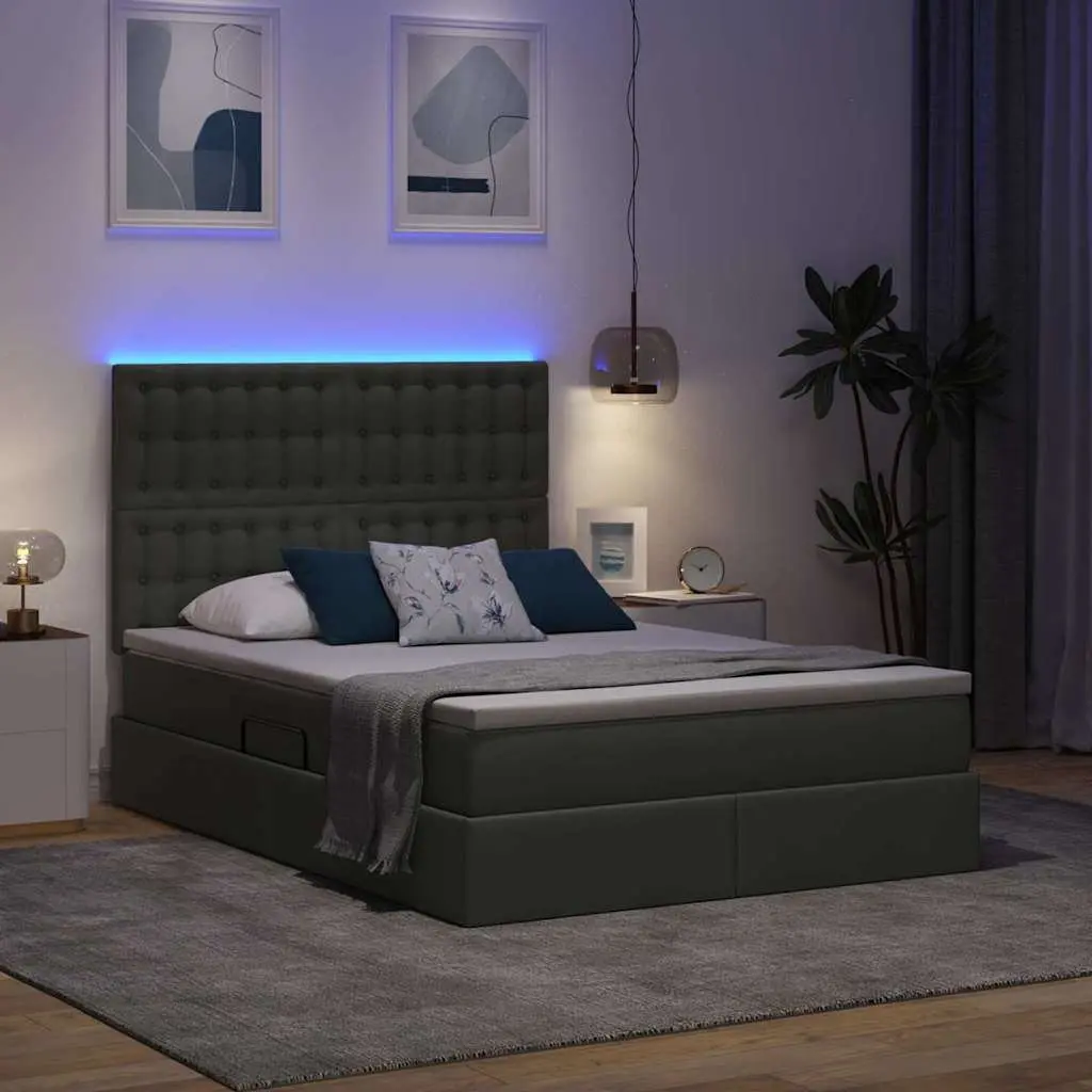 LED Storage Bed with Mattress Dark Grey Queen Size Upholstered Headboard