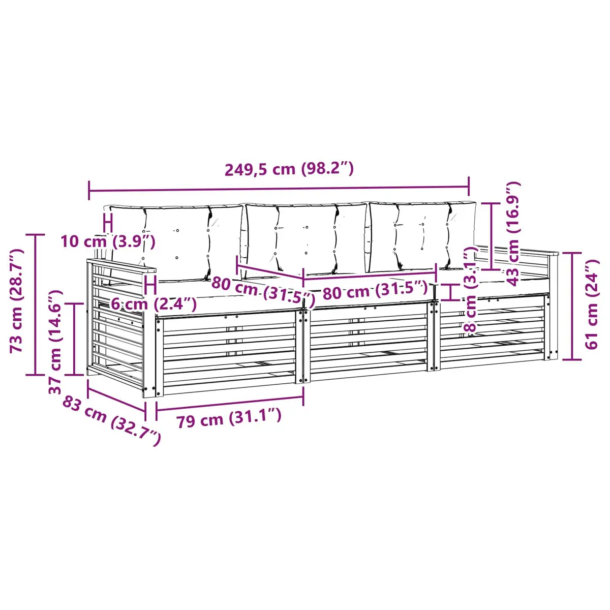 Outdoor Sofa Set 3 Piece Garden Furniture Natural Anthracite Acacia Wood