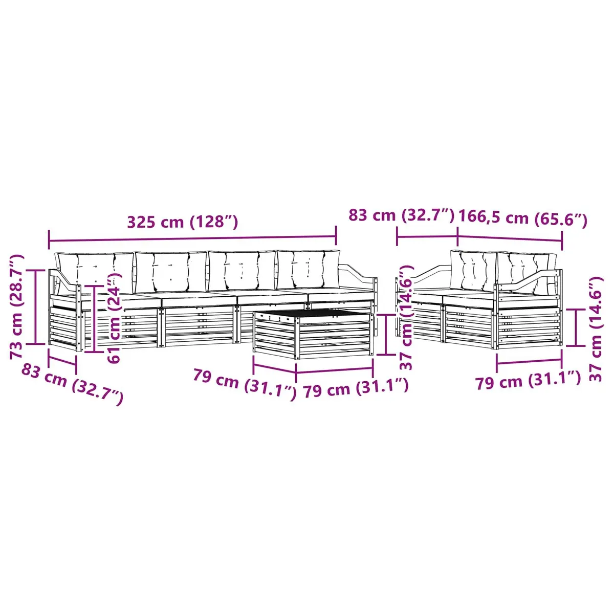 7 Piece Modular Outdoor Sofa Set with Cushions Acacia Wood Natural Finish for Garden and Patio