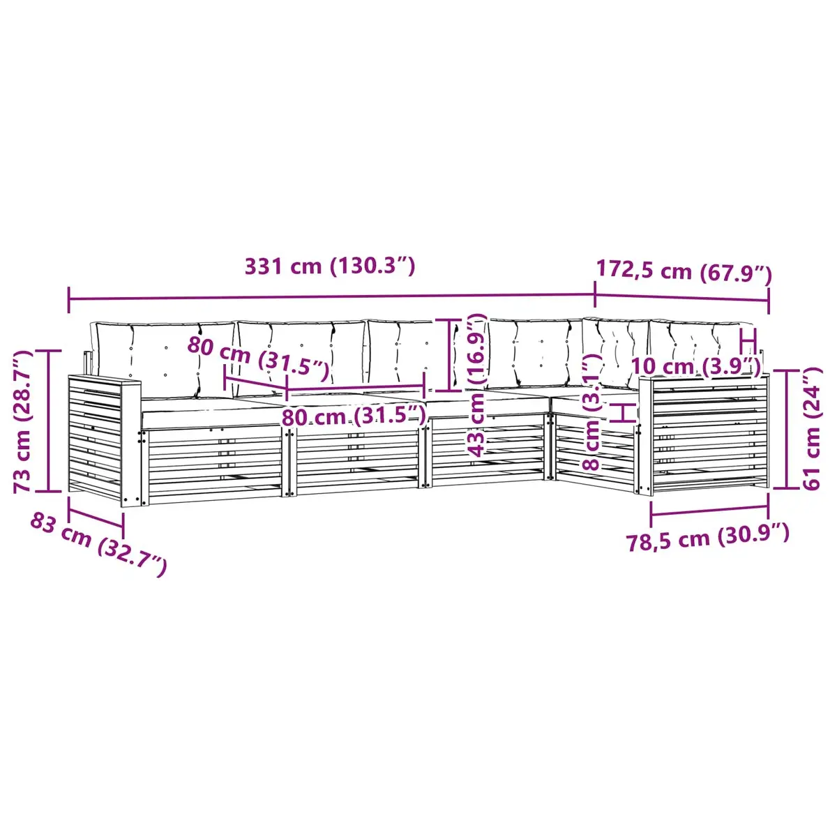 Outdoor Sofa Set 5 Pieces Garden Furniture with Cushions Natural Wood Seating