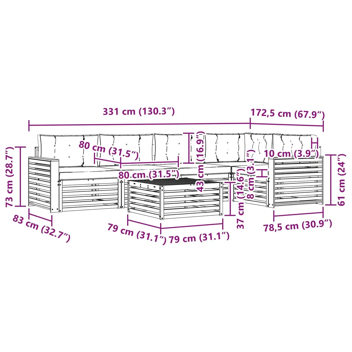 Modular Outdoor Sofa Set 6 Piece Brown Solid Acacia Wood with Cushions for Garden Patio