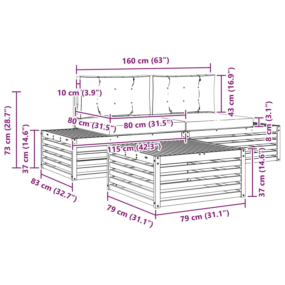 Outdoor Sofa Set Modular Acacia Wood 4 Piece Garden Patio Lounge Furniture