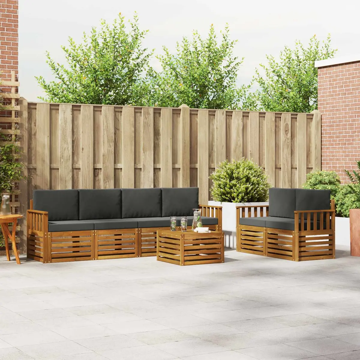 7 Piece Modular Outdoor Sofa Set Natural Solid Acacia Wood Garden Furniture Anthracite Finish