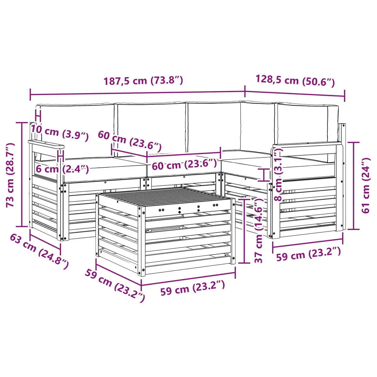 Outdoor Sectional Sofa Set 5 Pieces Modular Garden Patio Furniture Acacia Wood