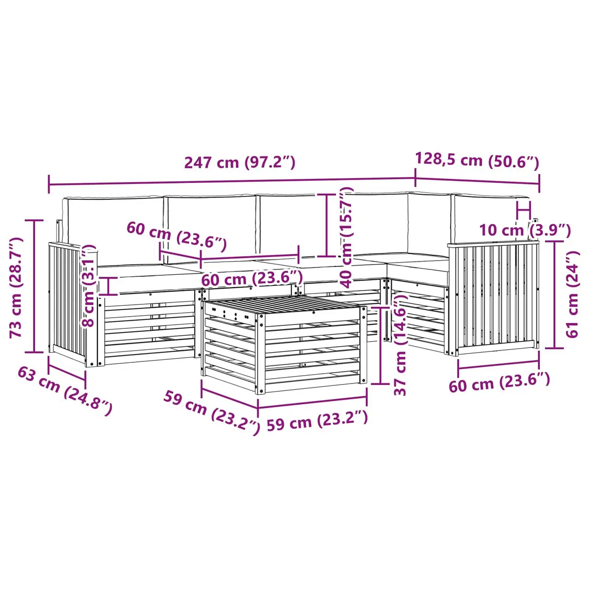Modular Sectional Sofa Set 6 Pieces Outdoor Garden Furniture Natural Wood Anthracite Cushions