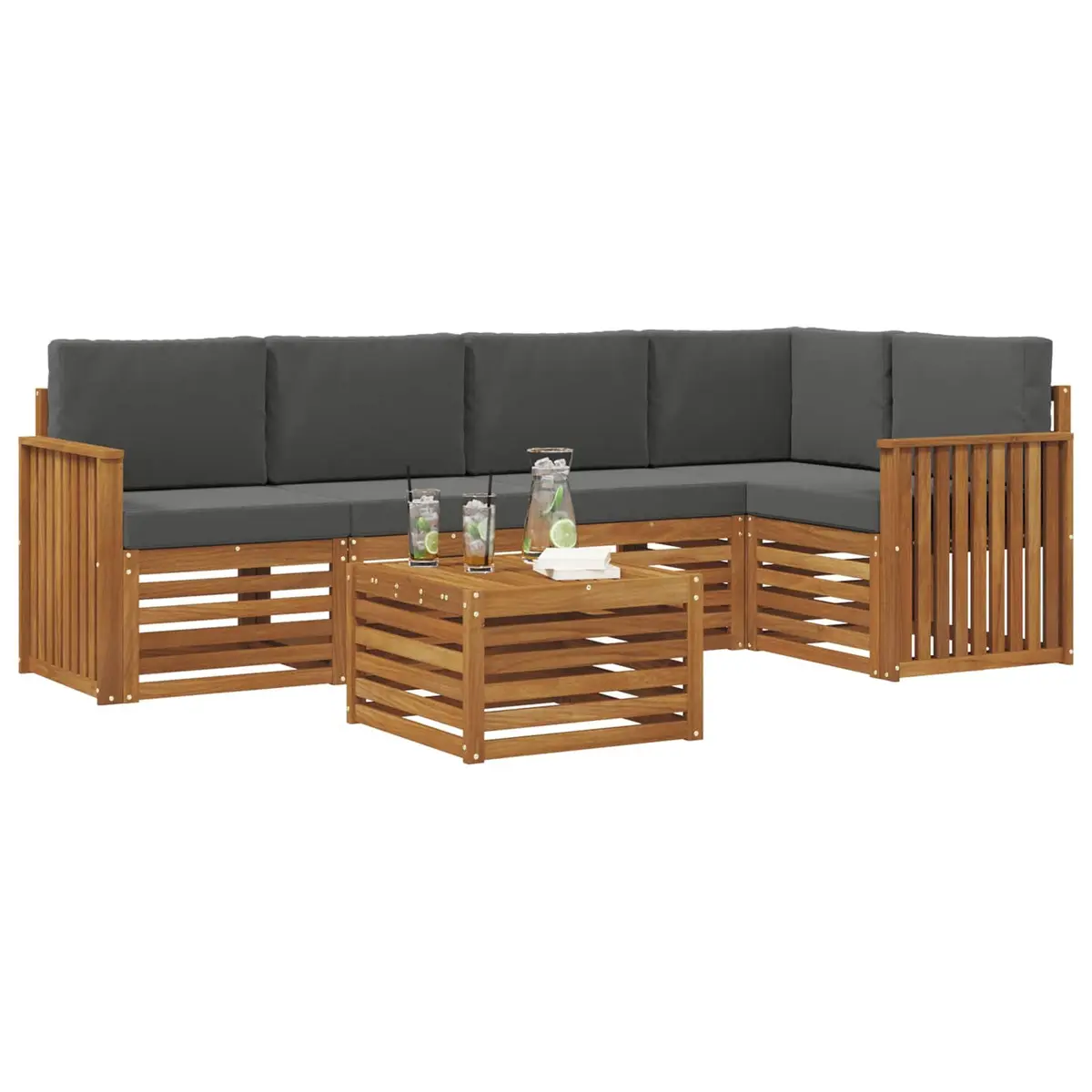 Modular Sectional Sofa Set 6 Pieces Outdoor Garden Furniture Natural Wood Anthracite Cushions