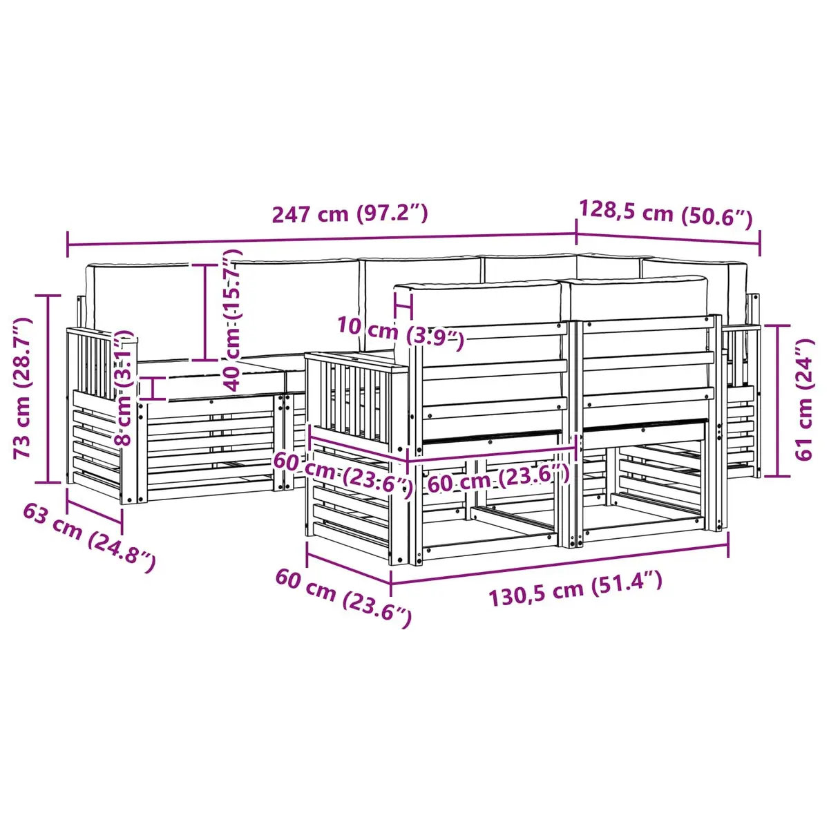 7 Piece Outdoor Modular Sectional Sofa Set Natural Acacia Wood Garden Furniture