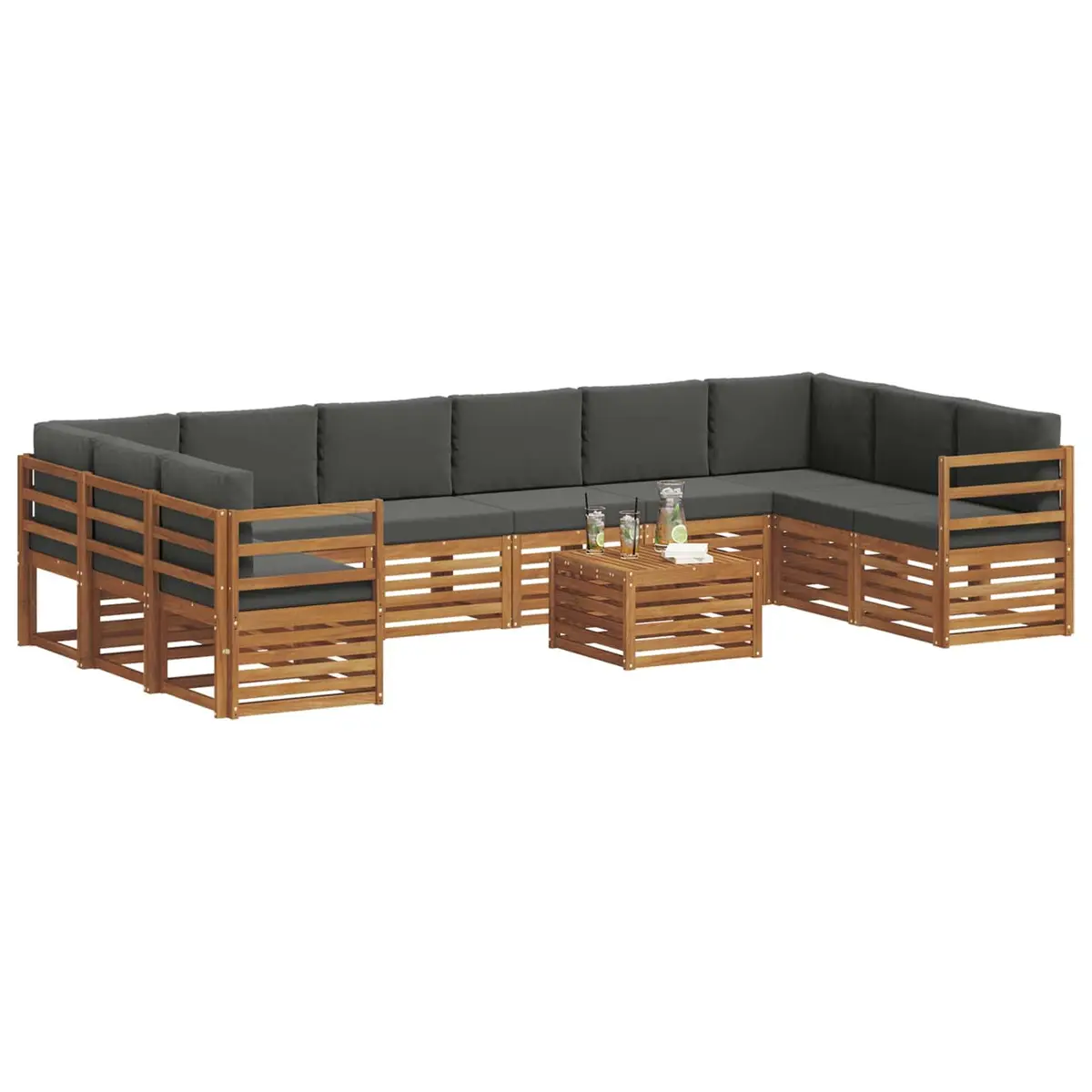 Modular Garden Sofa Set Brown Acacia Wood with Cushions 11 Piece Outdoor Furniture