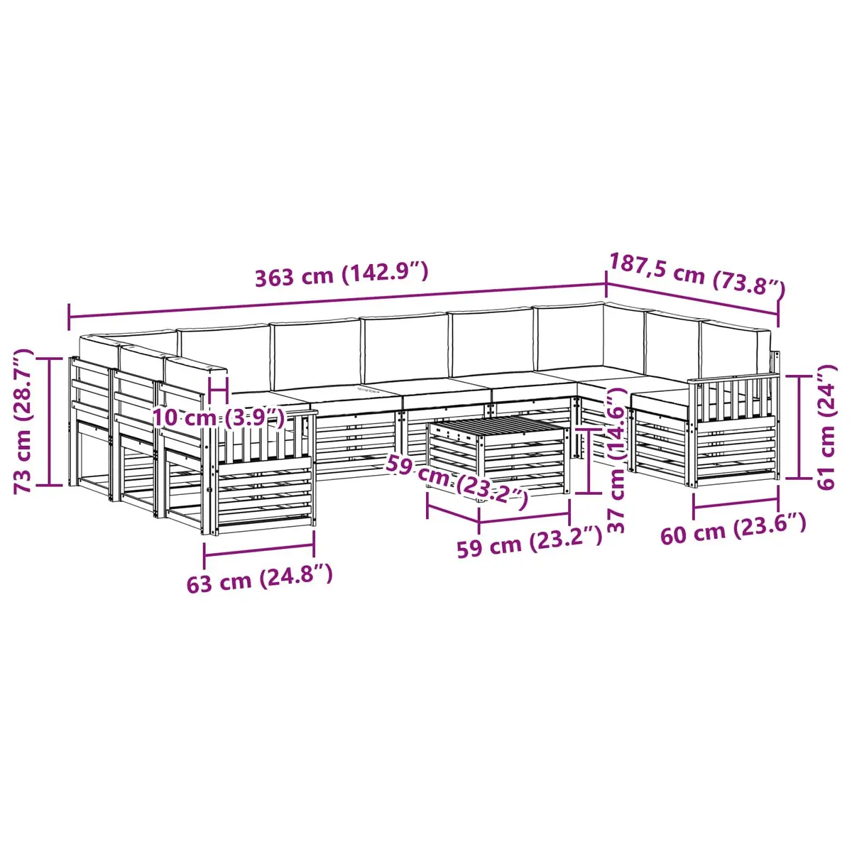 Outdoor Sofa Set 11 Piece Modular Garden Furniture Acacia Wood with Cushions