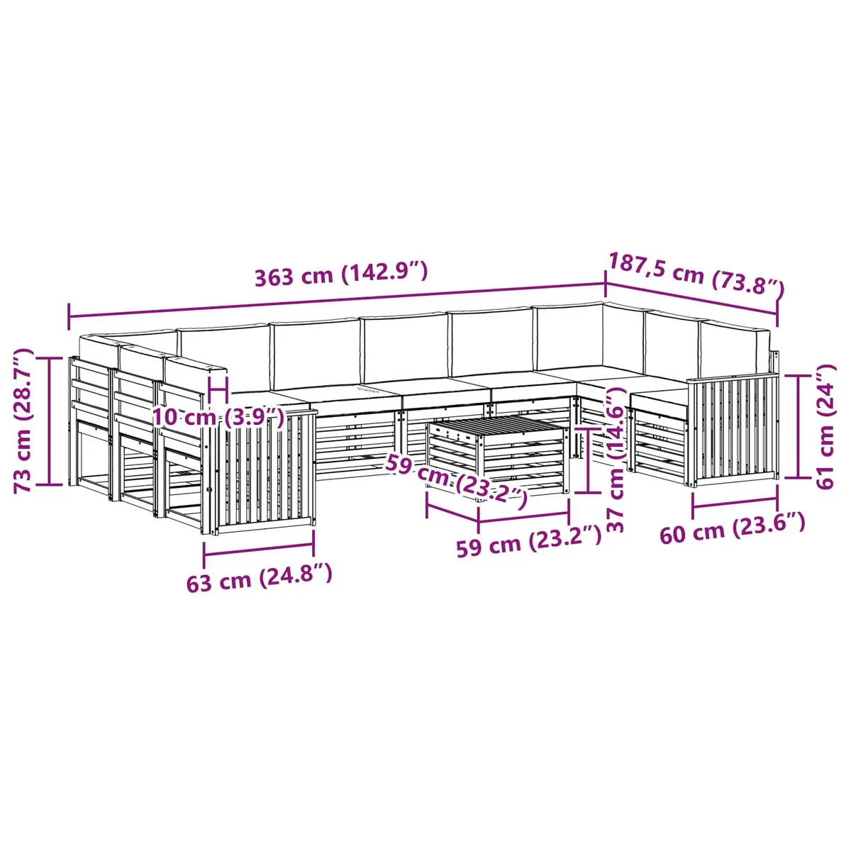 Outdoor Sofa Set 11 Piece Modular Garden Furniture Acacia Wood with Cushions