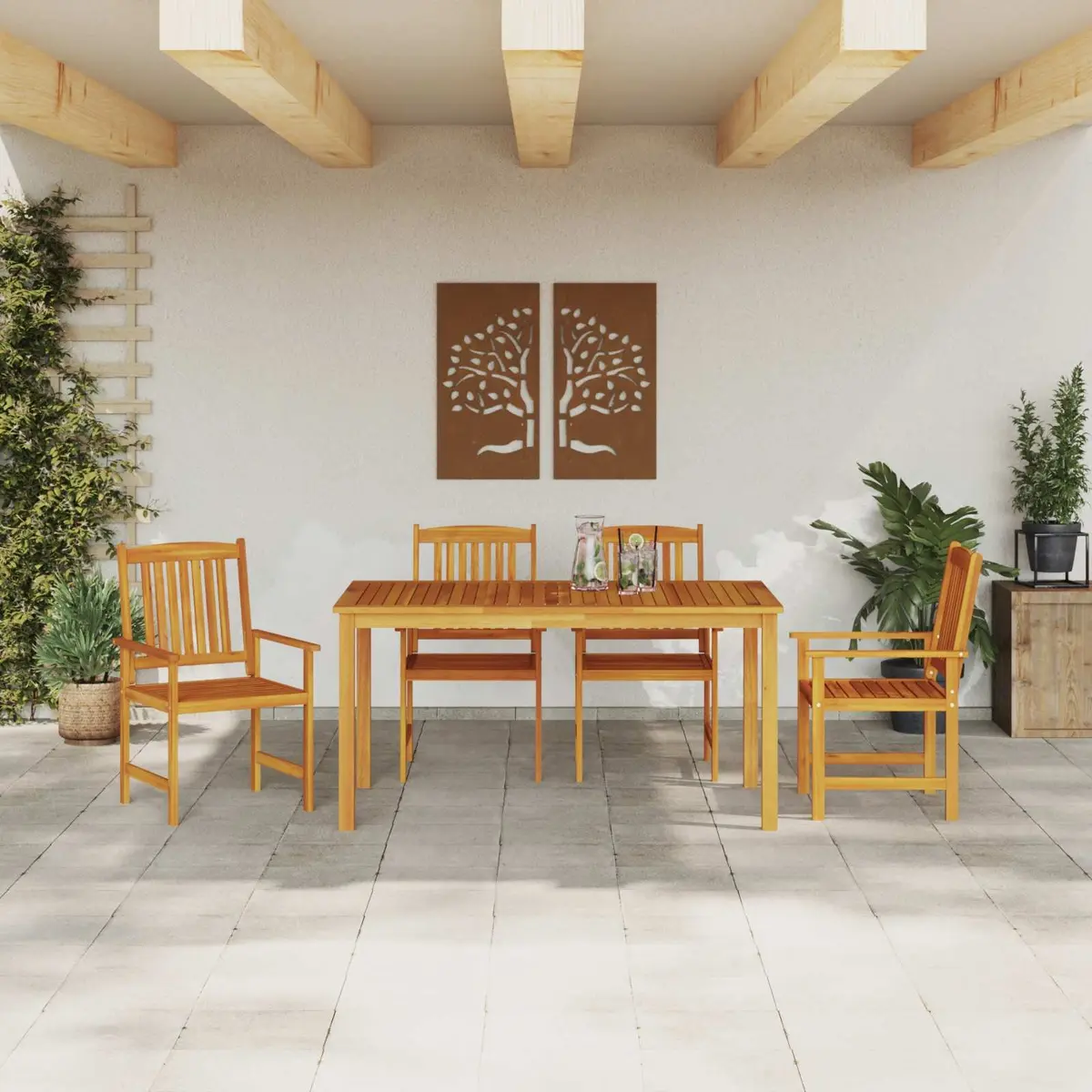 Garden Dining Set Rustic Solid Acacia Wood 5 Piece Outdoor Table Chairs