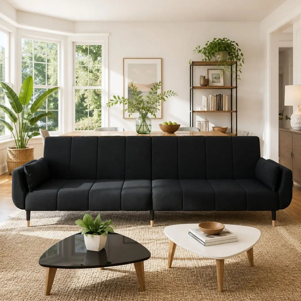 Convertible Sofa Bed with Adjustable Backrest and Pillows Black 2-Seater