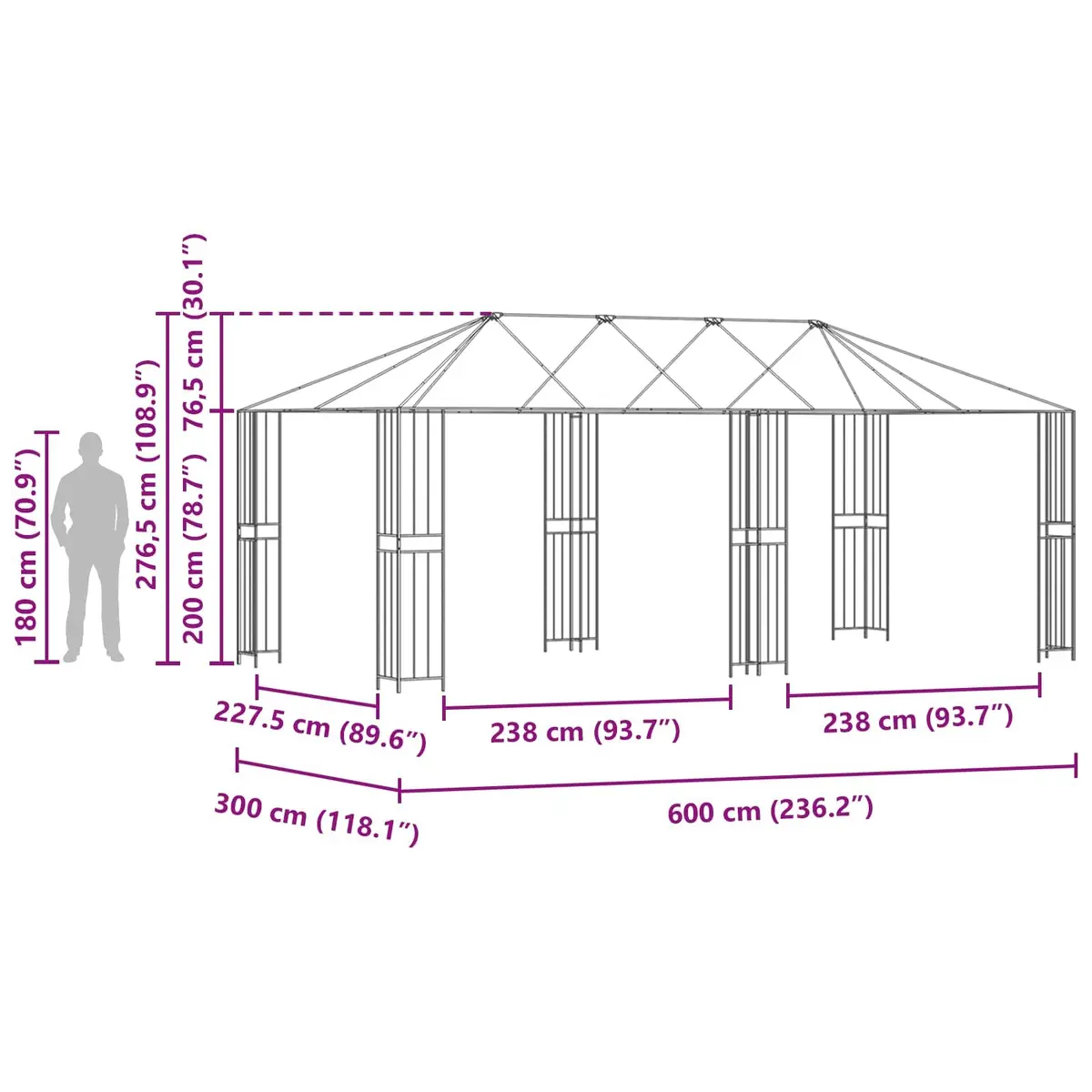 Gazebo Frame Steel Structure Black 6 x 3 m Outdoor Garden Canopy