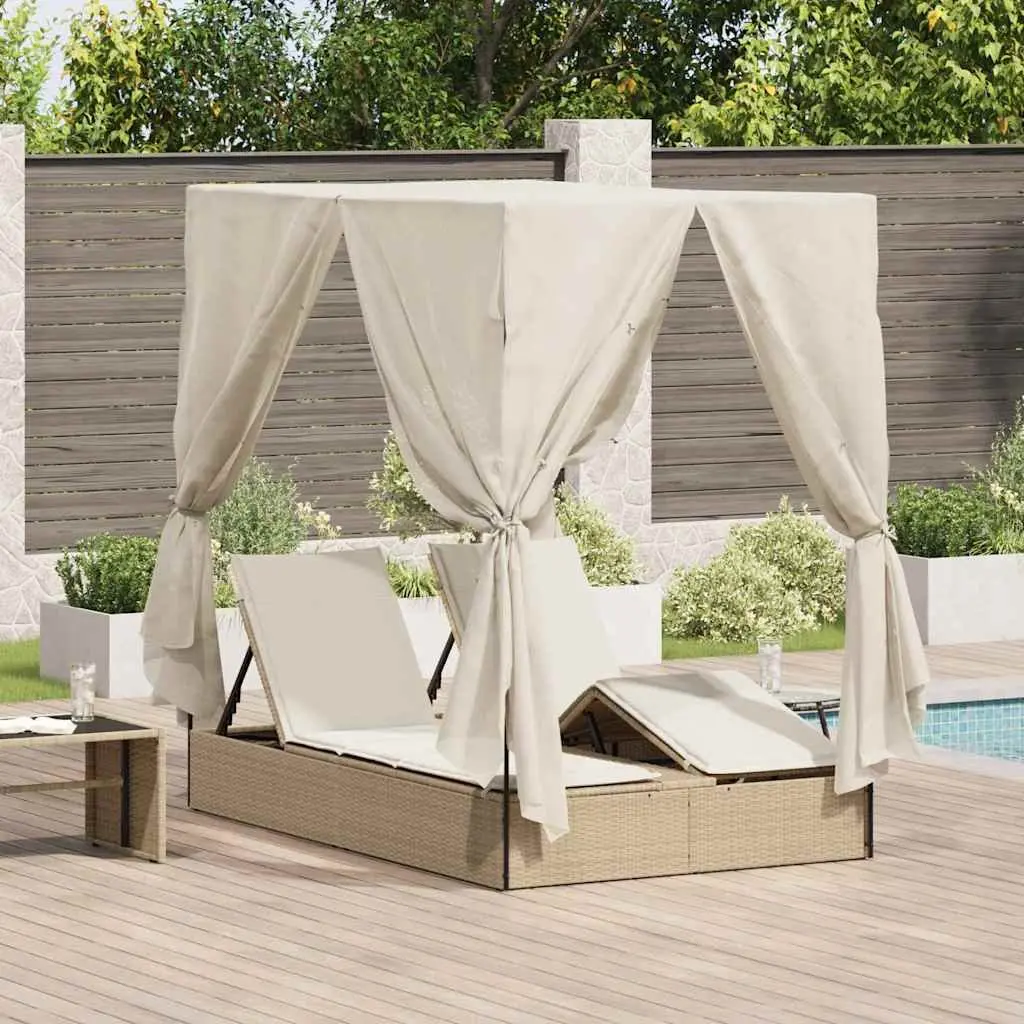 Double Sun Lounger Outdoor Bed with Roof Curtains Adjustable Backrest Garden