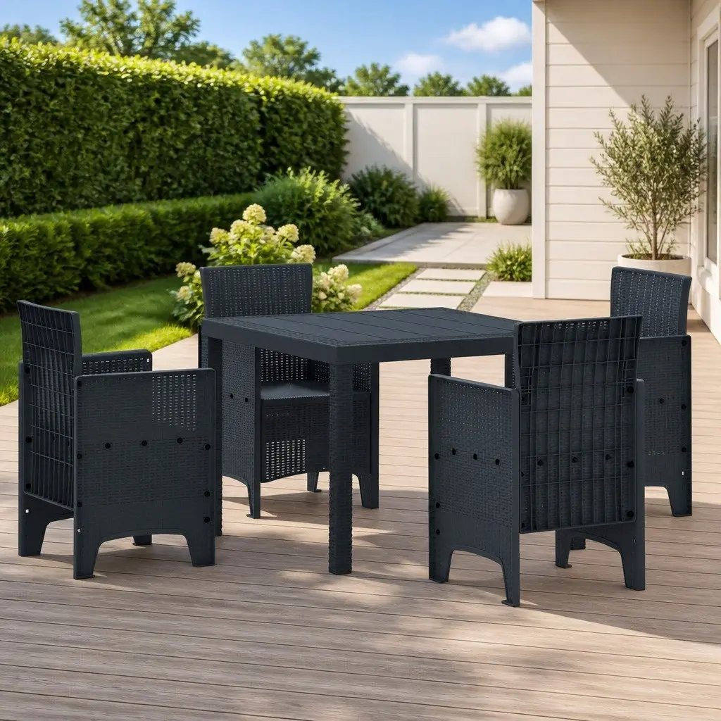 Garden Dining Set Modern 5 Pieces Square Table and Chairs Anthracite Poly Rattan Outdoor Furniture