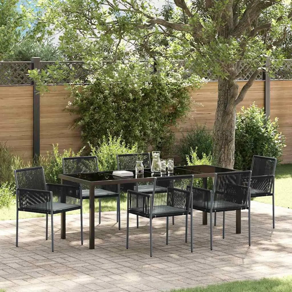 Garden Dining Set Black Poly Rattan 7 Pieces Outdoor Furniture with Steel Frame