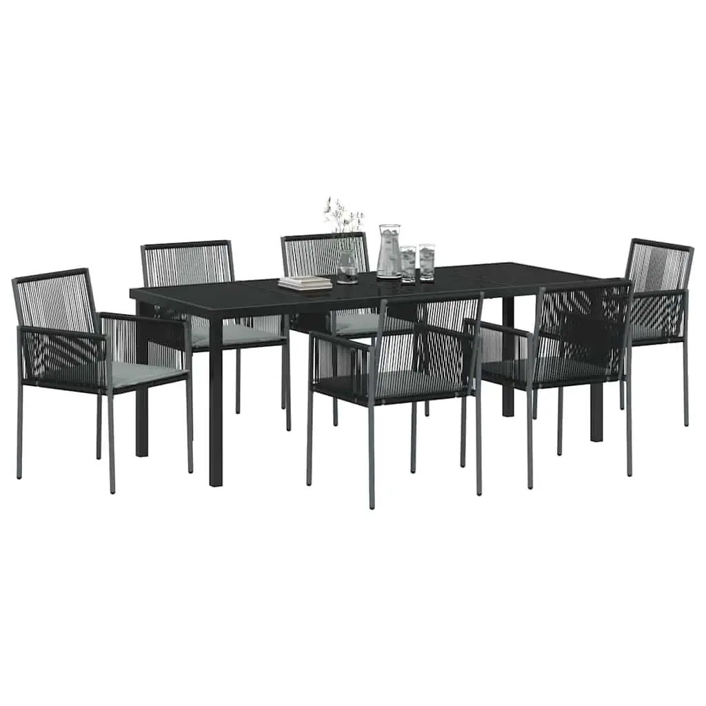Garden Dining Set Black Poly Rattan 7 Pieces Outdoor Furniture with Steel Frame