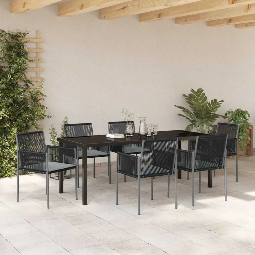 Garden Dining Set Black Poly Rattan 7 Pieces Outdoor Furniture with Steel Frame