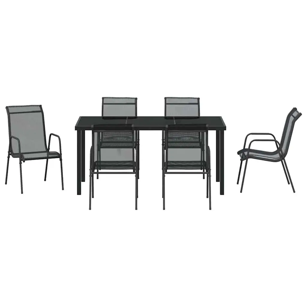 Garden Dining Set Modern Contemporary 7 Piece Black Steel Frame Mesh Seats