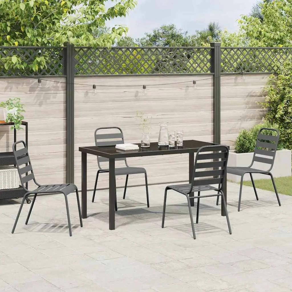 Garden Dining Set Rectangular Tempered Glass Table Powder-coated Steel Frame 5 Pieces