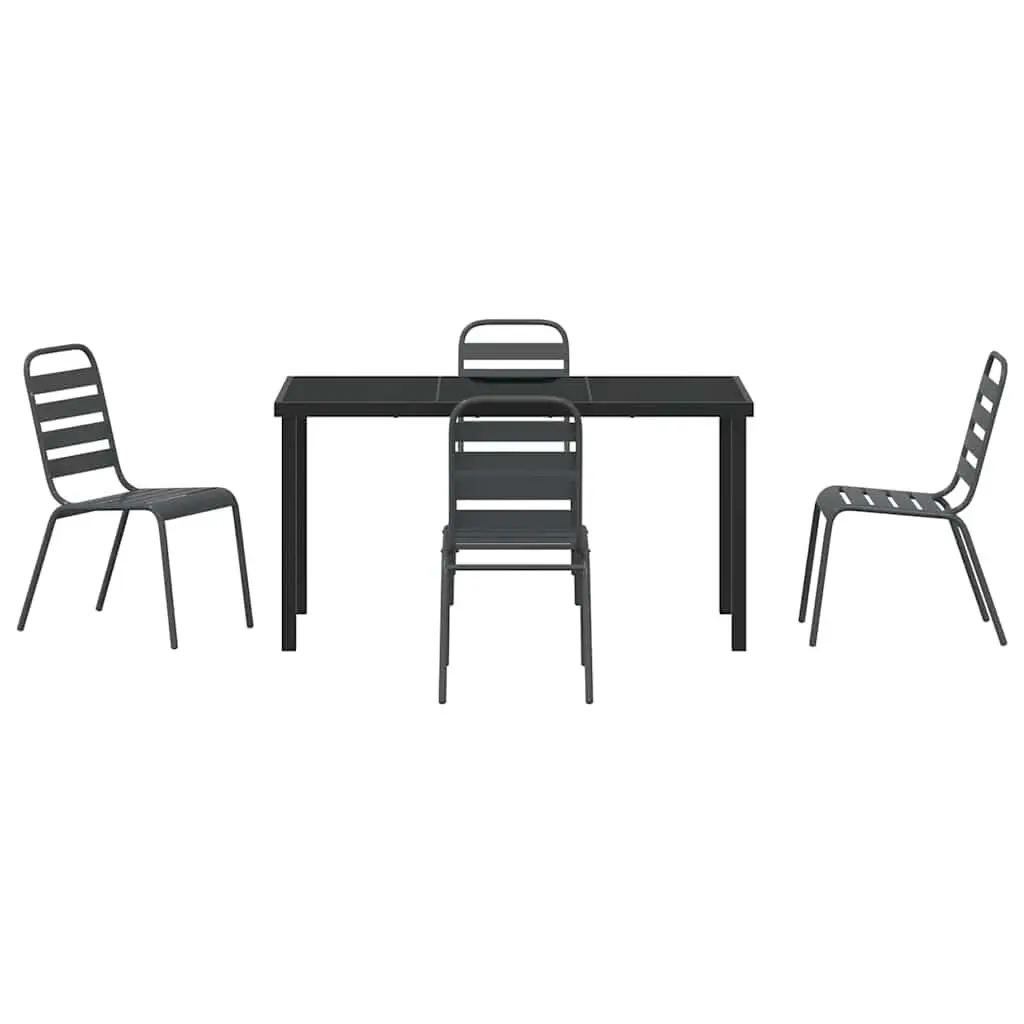 Garden Dining Set Rectangular Tempered Glass Table Powder-coated Steel Frame 5 Pieces