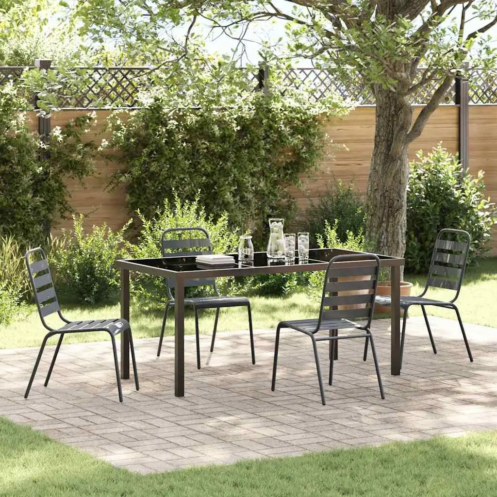 Garden Dining Set Industrial Style 5 Piece Powder Coated Steel Frame Tempered Glass Table