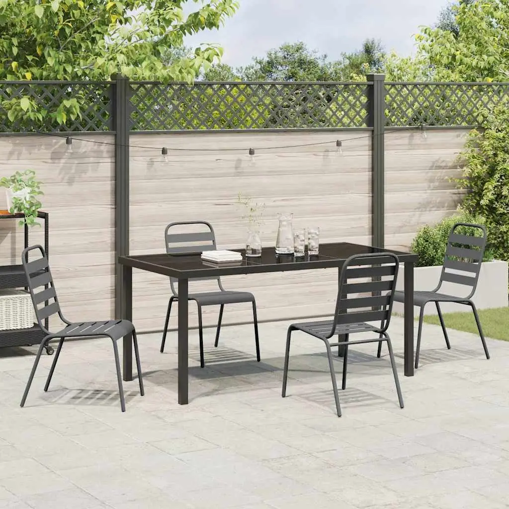 Garden Dining Set Industrial Style 5 Piece Powder Coated Steel Frame Tempered Glass Table