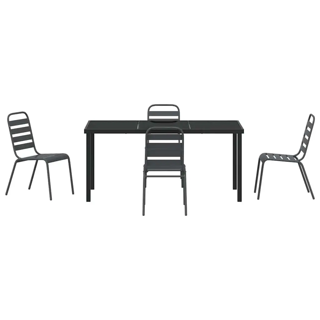 Garden Dining Set Industrial Style 5 Piece Powder Coated Steel Frame Tempered Glass Table