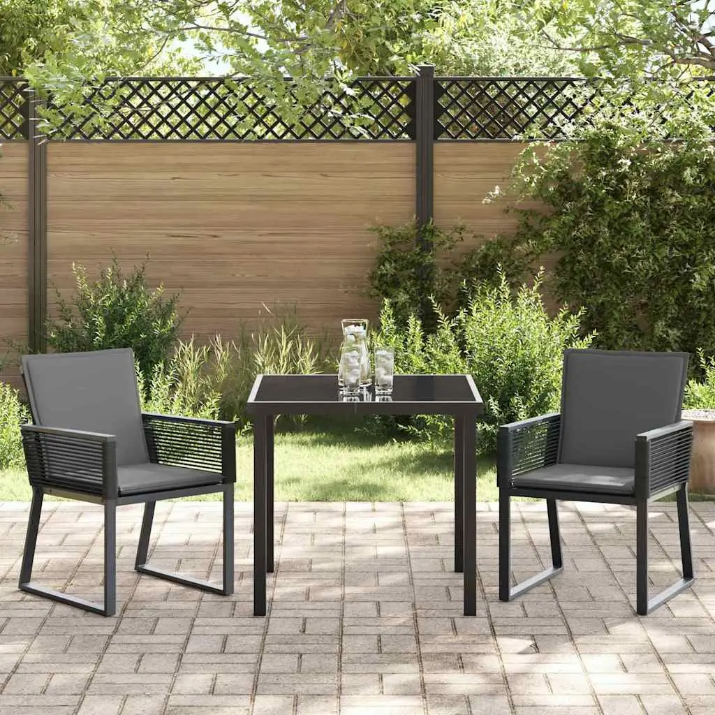 Garden Dining Set Modern Black 3 Piece Rattan Glass Table and Chairs