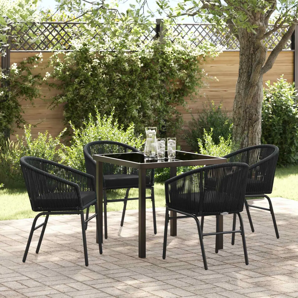 Garden Dining Set Modern 5 Piece Black Steel Outdoor Furniture Rectangular Table and Chairs