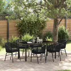 Outdoor Garden Dining Set 7 Pieces Black Steel Frame Tempered Glass Table Chairs