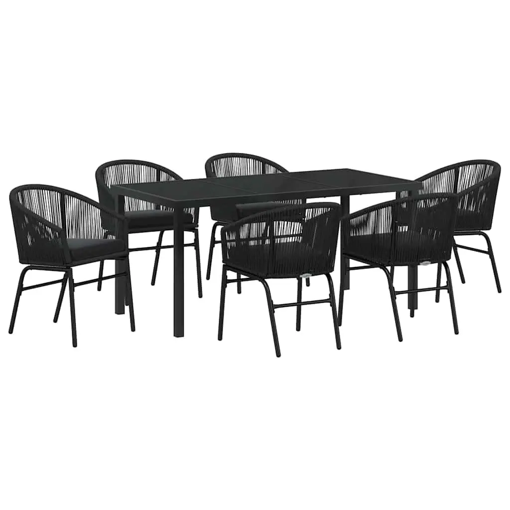 Outdoor Garden Dining Set 7 Pieces Black Steel Frame Tempered Glass Table Chairs