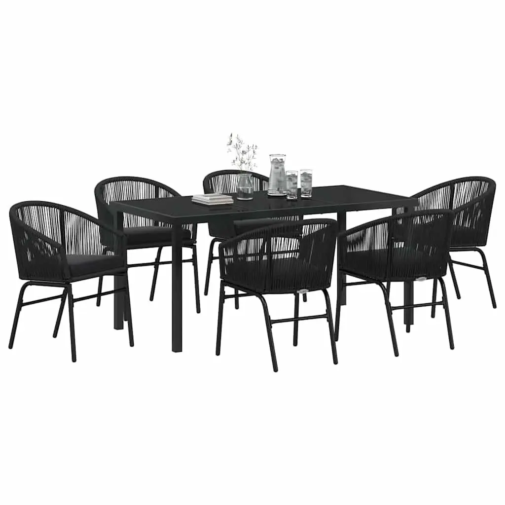 Outdoor Garden Dining Set 7 Pieces Black Steel Frame Tempered Glass Table Chairs