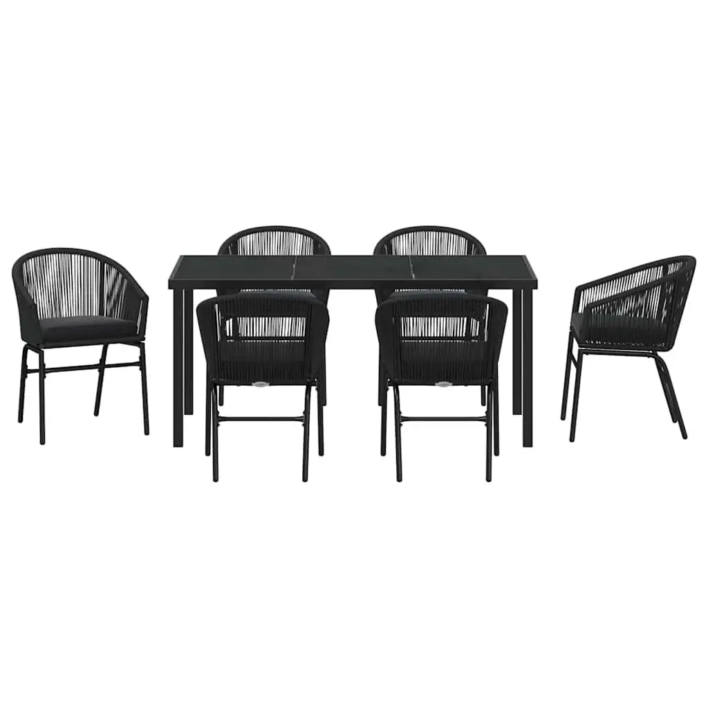 Outdoor Garden Dining Set 7 Pieces Black Steel Frame Tempered Glass Table Chairs