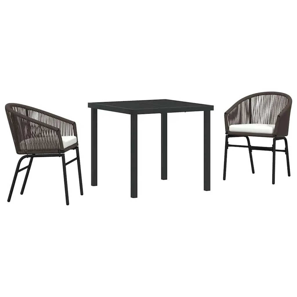 Garden Dining Set Modern Rectangular 3 Pieces Brown Steel Frame Outdoor Furniture with Glass Top