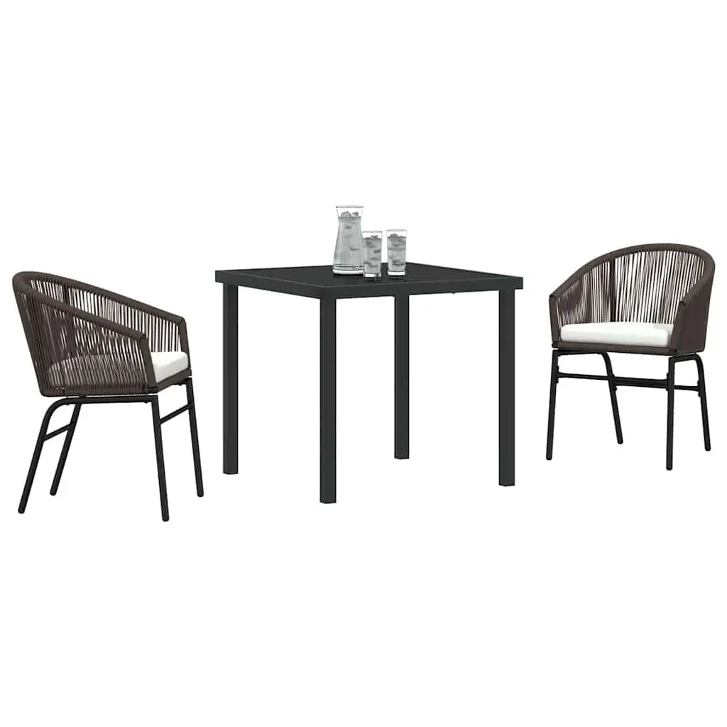 Garden Dining Set Modern Rectangular 3 Pieces Brown Steel Frame Outdoor Furniture with Glass Top