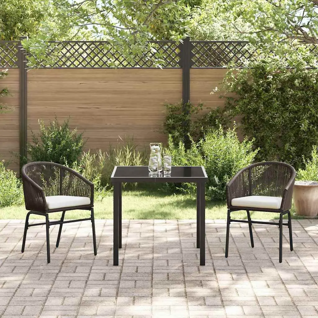 Garden Dining Set Modern Rectangular 3 Pieces Brown Steel Frame Outdoor Furniture with Glass Top