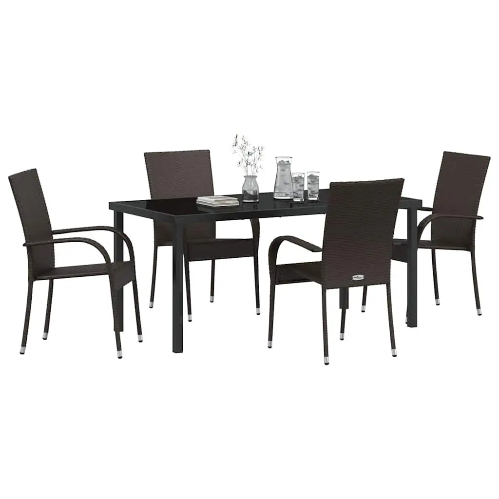 Garden Dining Set Contemporary Rectangular 5 Pieces Brown Poly Rattan Steel Frame