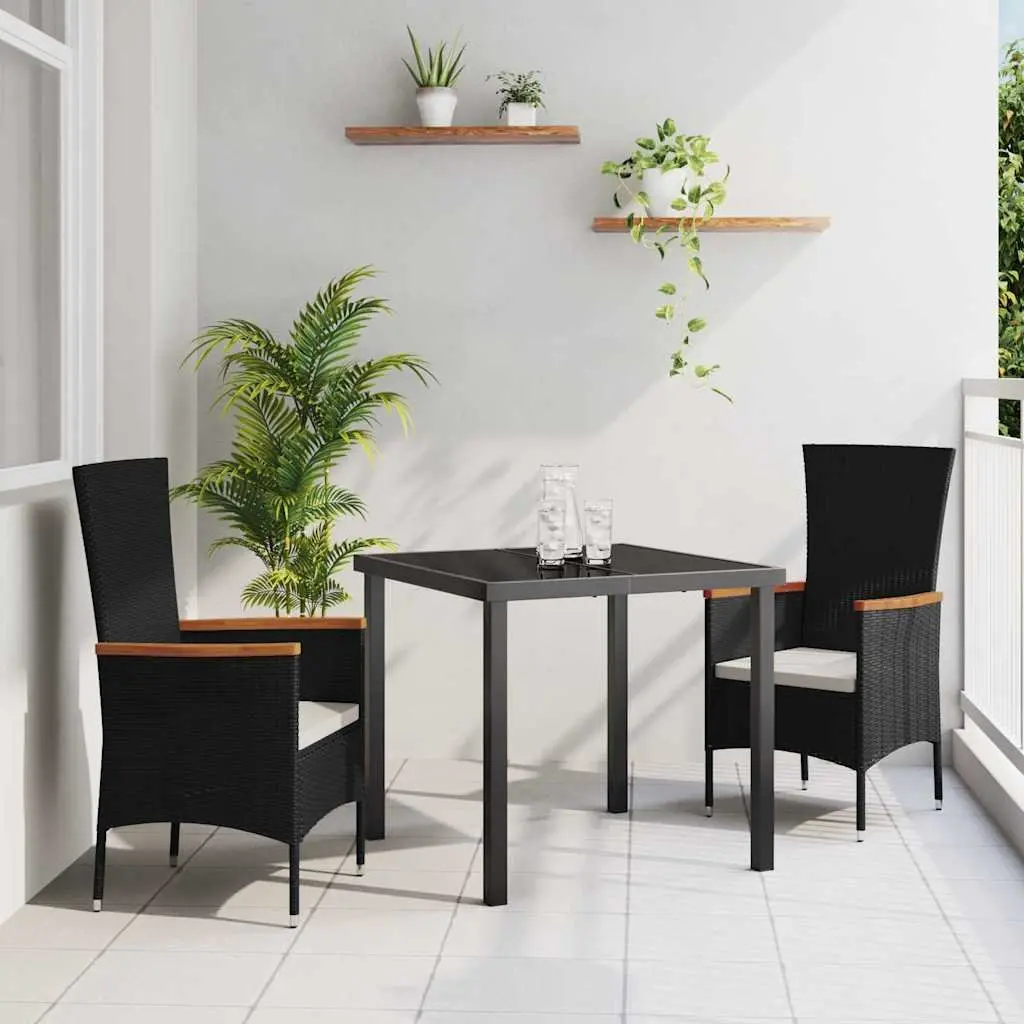 Garden Dining Set 3 Pieces Outdoor Furniture Black Steel Frame Glass Table