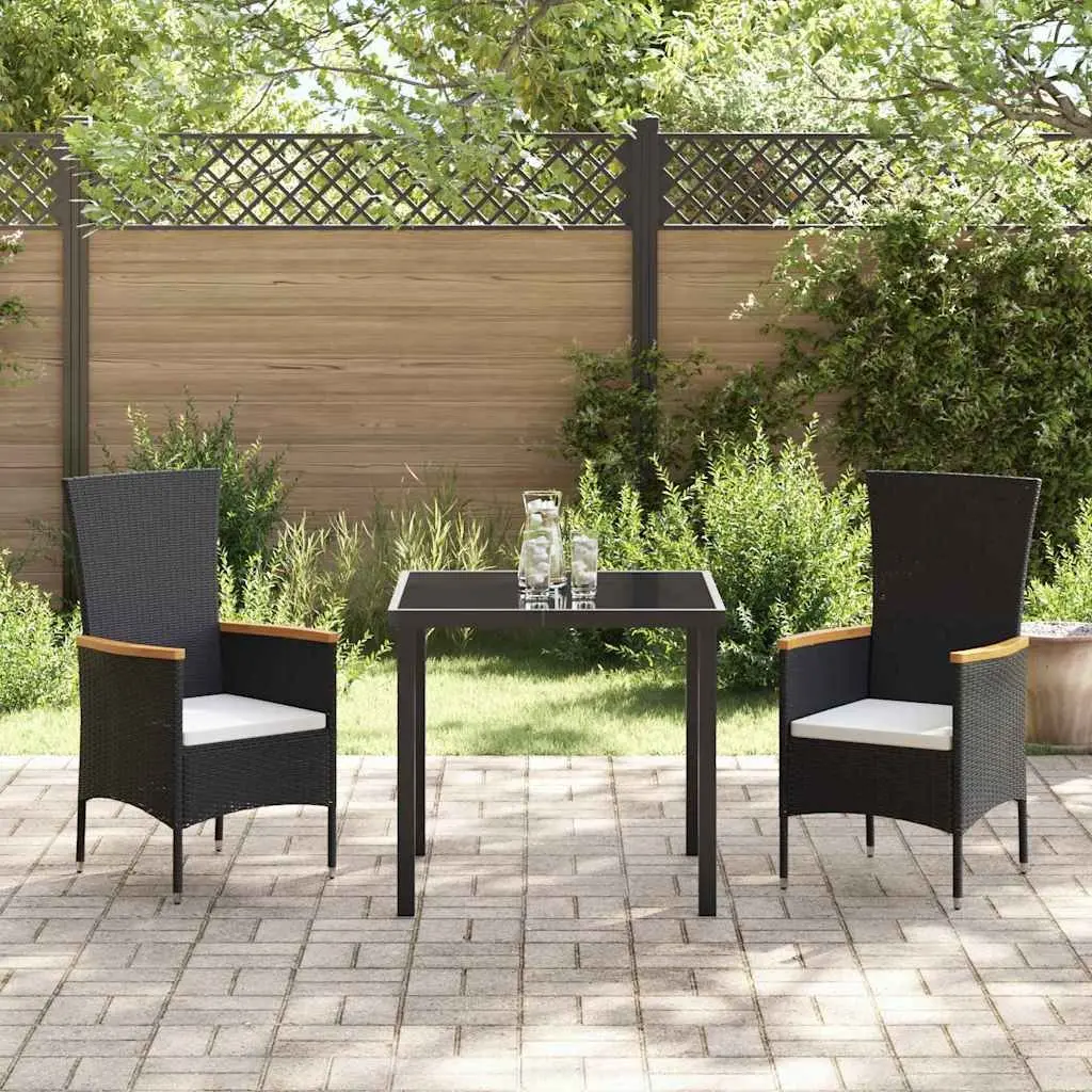 Garden Dining Set 3 Pieces Outdoor Furniture Black Steel Frame Glass Table