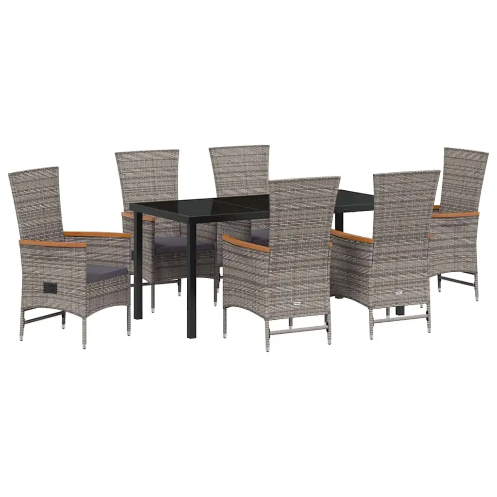 Outdoor Dining Set 7 Piece Grey Rattan Steel Furniture Glass Table Reclining Chairs